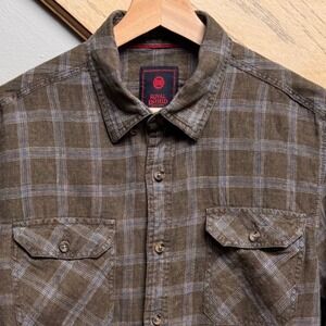 Royal Enfield Men Linen Button Down Shirt M Brown Plaid Motorcycle Way of Life